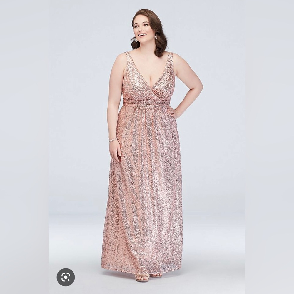 Rose Gold, Sequin V-neck Dress with Satin Piping, size 14, perfect condition